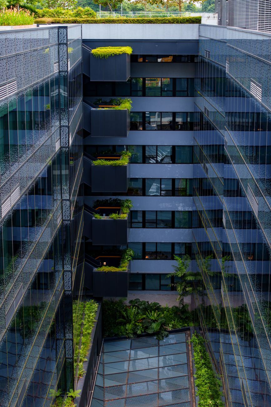 Green modern structures representing eco initiatives